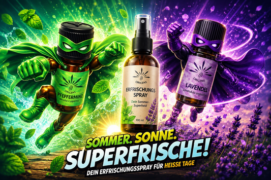 Superfrische, der Erfrischungsspray für heiße Tage. Mit Oricens Bio-Pfefferminzöl und Bio-Lavendelöl. Rezept zum selbst mischen.