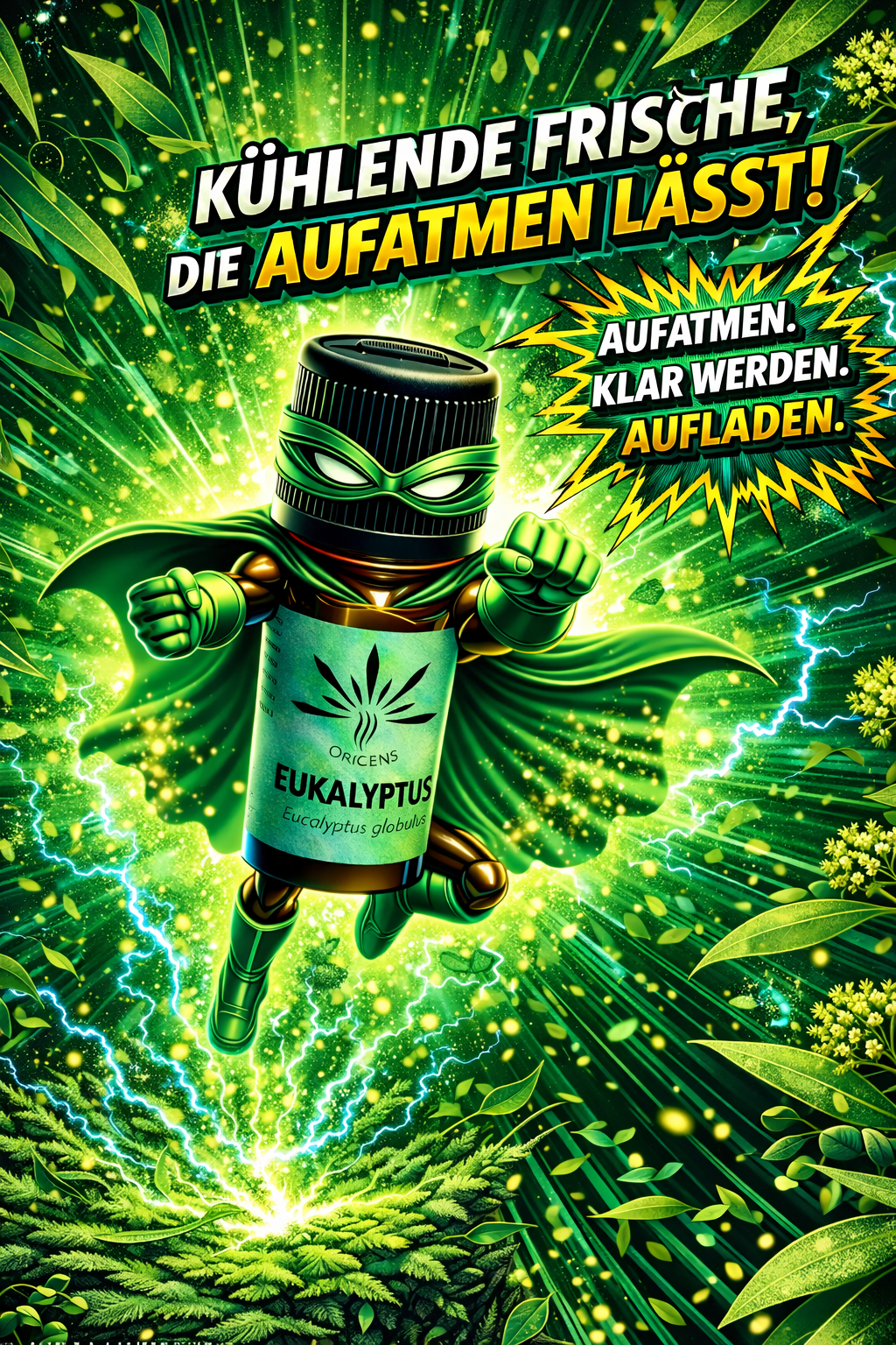 Oricens Eukalyptus ätherisches Öl als Superhelden-Flasche mit grünen Energie-Effekten und Eukalyptusblättern. Kühlende Frische, die aufatmen lässt. aufatmen, klar werden, aufladen.