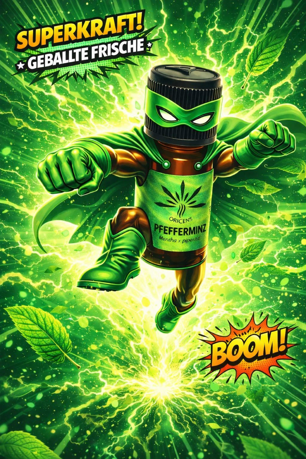 Oricens Pfefferminz ätherisches Öl als Superheld inszeniert - amber Glasflasche mit grünem Label (Mentha x piperita), dargestellt in dynamischer Comic-Pose mit grüner Energie, Blitz-Effekten und Pfefferminzblättern. Visualisiert intensive Frische, Klarheit und belebende Kraft.