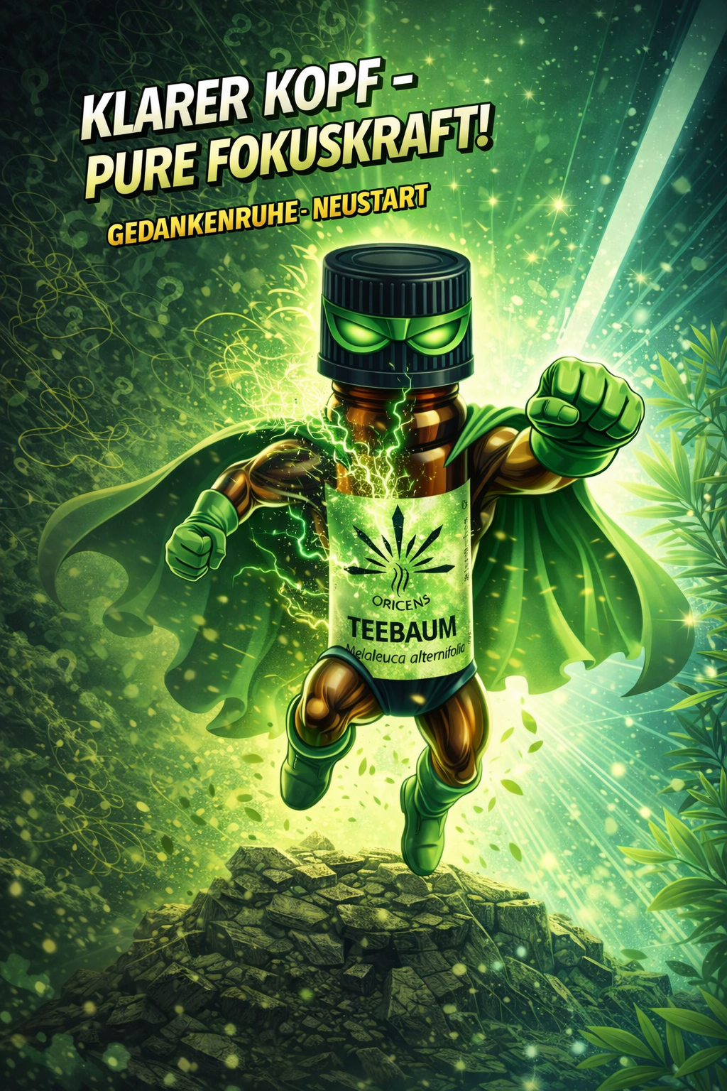 Oricens Teebaumöl (Melaleuca alternifolia) als Superheld dargestellt - ätherisches Öl für klaren Kopf, Fokus und Gedankenruhe mit grüner Energie-Visualisierung