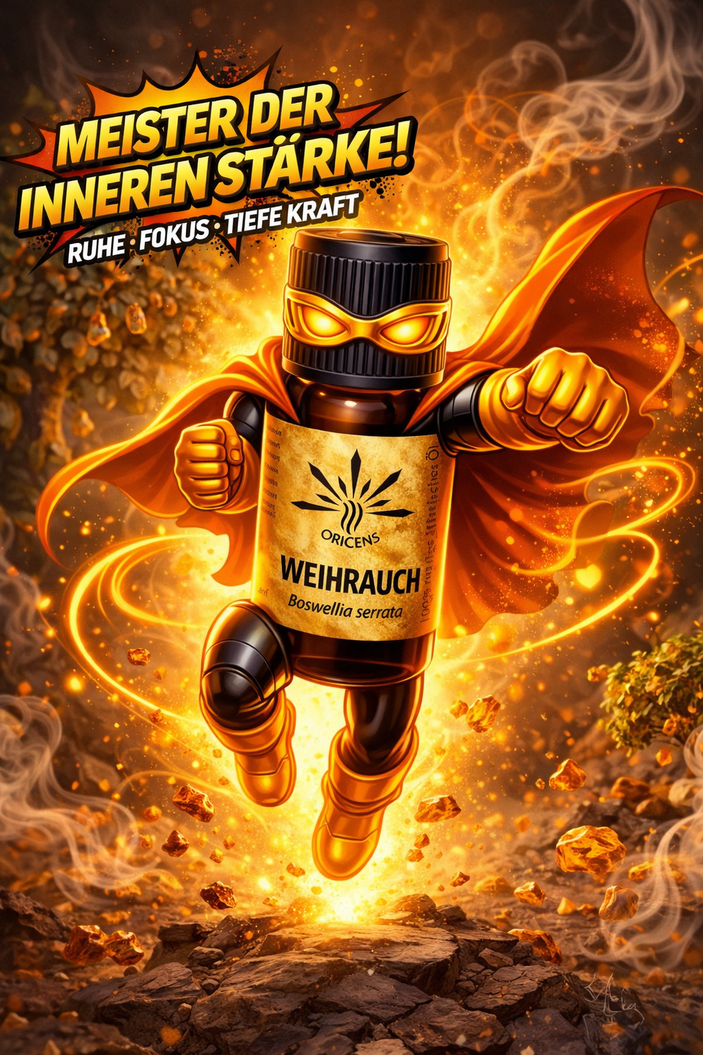 Oricens Weihrauch ätherisches Öl (Boswellia serrata) als Superheld dargestellt, mit Energie-effekten, Rauch und Harz, symbolisiert innere Stärke, Ruhe und Fokus
