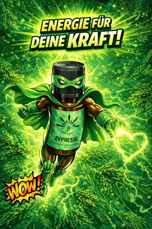 Oricens Zypresse ätherisches Öl Superheld Illustration - aktivierendes Öl (Cupressus sempervirens) Energie für deine Kraft mit grünem Herz als Kraftsymbol