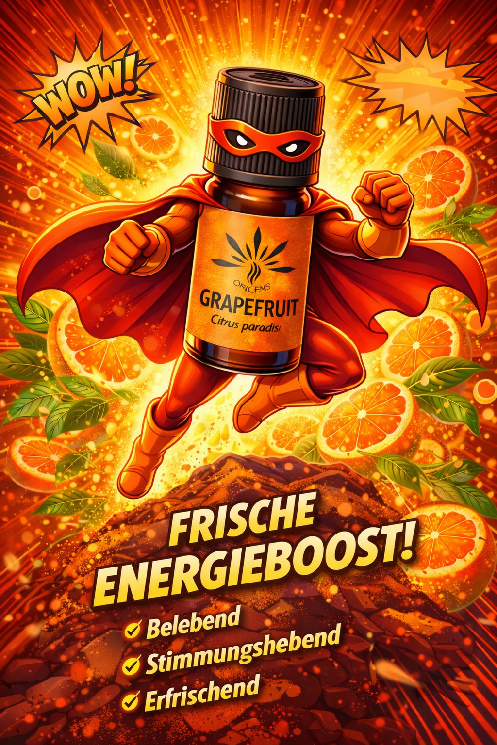Oricens Grapefruit ätherisches Öl als Superheld inszeniert - frischer Zitrusduft mit belebender, stimmungshebender und erfrischender Duftwirkung, umgeben von Grapefruit-Scheiben und Blättern im leuchtend orangefarbenen Hintergrund - ideal für Aromatherapie und Wohlbefinden