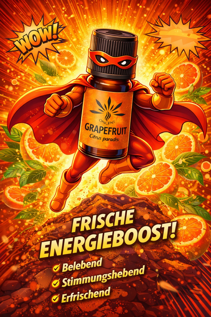 Oricens Grapefruit ätherisches Öl als Superheld inszeniert - frischer Zitrusduft mit belebender, stimmungshebender und erfrischender Duftwirkung, umgeben von Grapefruit-Scheiben und Blättern im leuchtend orangefarbenen Hintergrund - ideal für Aromatherapie und Wohlbefinden