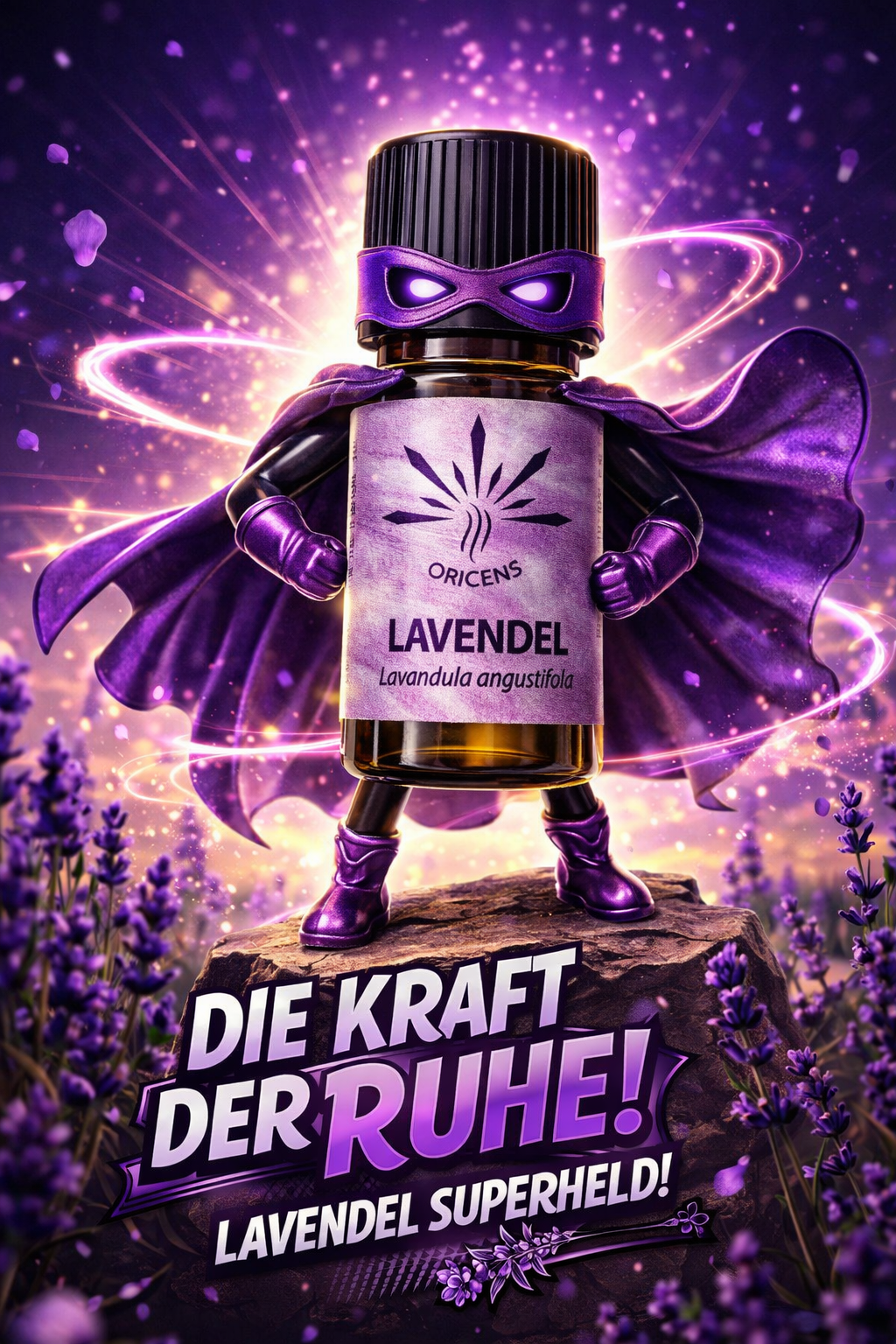 Oricens Lavendel ätherisches Öl Superheld Produktbild - Lavendula angustifolia mit beruhigender Wirkung, aromatherapie Lavendelöl, natürliche Entspannung.