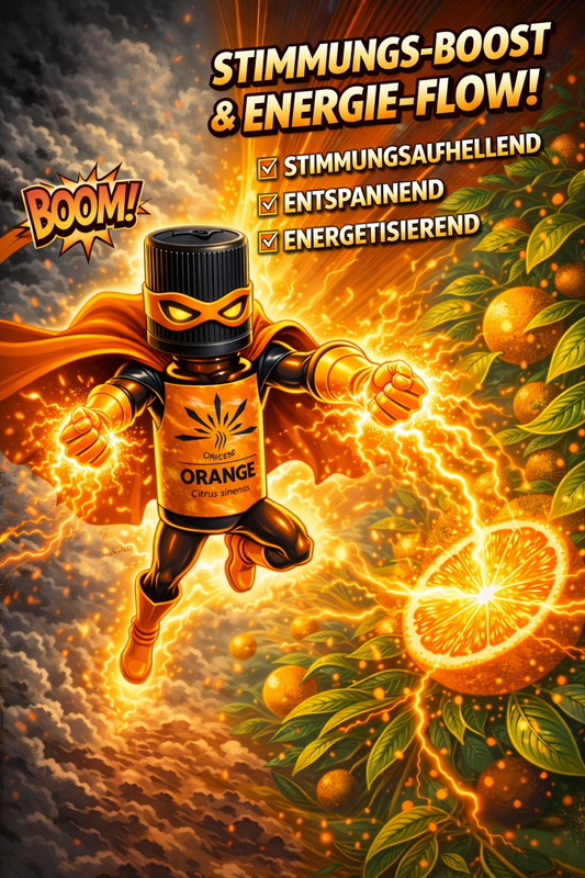 Oricens Orange ätherisches Öl als Superheld dargestellt, amber Glasflasche mit schwarzem Deckel und Orange Citrus sinensis Label, umgeben von leuchtender Orangenenergie, Zitrusfrüchten und Blättern, mit Text Stimmungs-Boost und Energie-Flow, stimmungsaufhellend, entspannend und energetisierend, Comic-Style Produktfoto